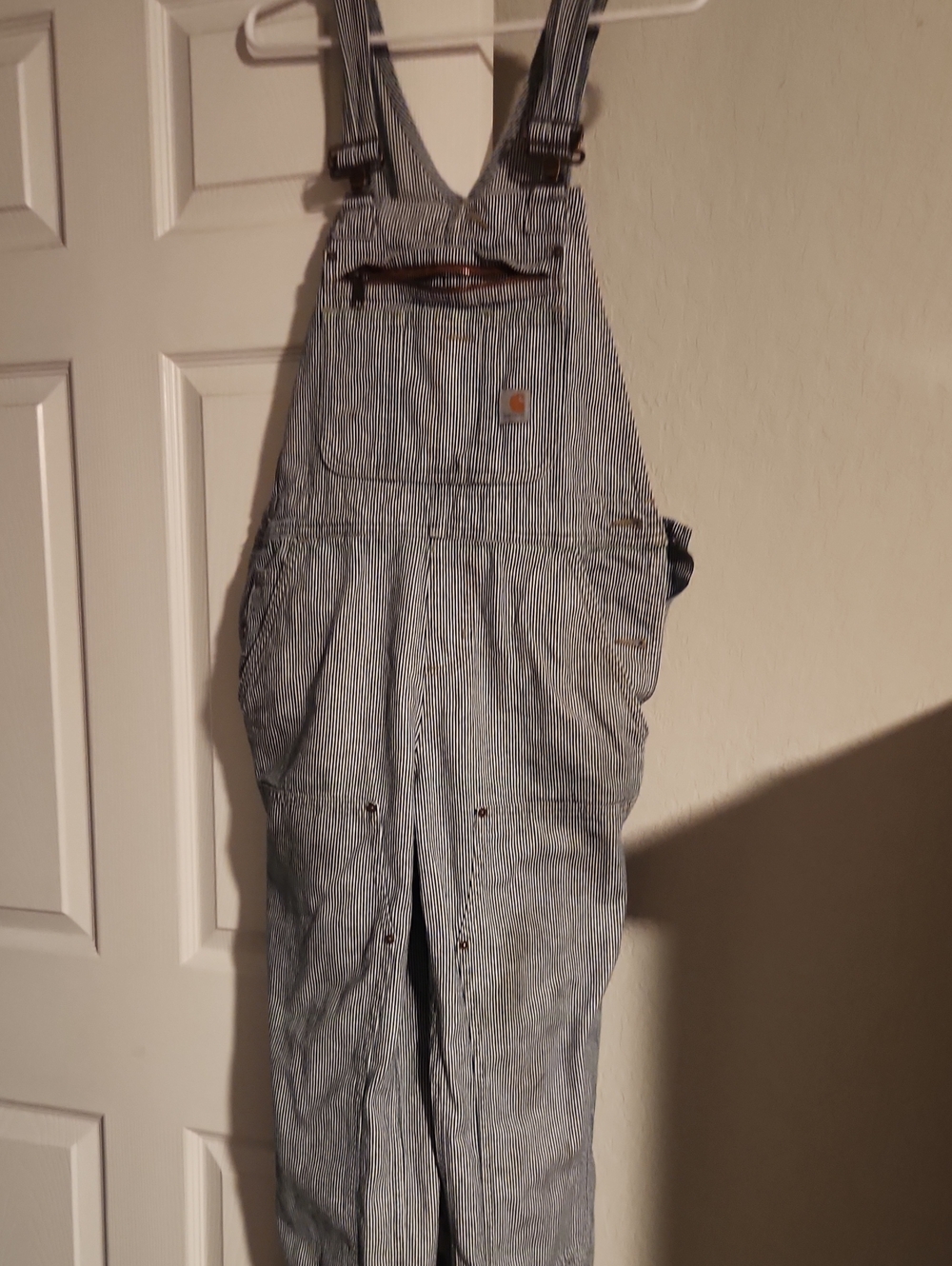 Carhartt Women’s Striped Denim Overalls in Blue and White